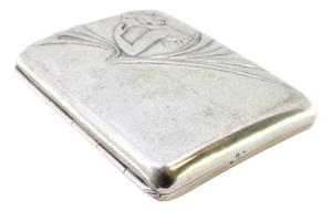 Art Nouveau Silver Cigarette Case with Young Lady Figure Lid and Gold Interior