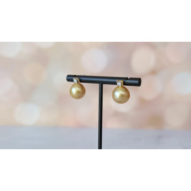 18k Gold Stud Earrings With Golden South Sea Pearls and Diamond Accents, Pair For Sale - Image 4 of 11