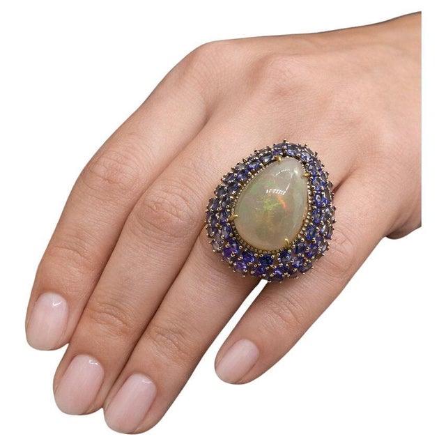 Gemstone Bochic “Capri” Vintage Tanzanite, Opal & Diamond Cocktail Ring — 18K Gold & Silver For Sale - Image 7 of 9