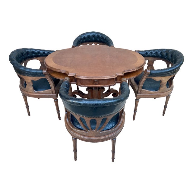 Dining Table with Armchairs in Leather and Walnut, 1950s, Set of 5 For Sale