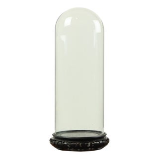 Large Antique Mouth-Blown Glass Dome on Asian Wooden Base, 1890s For Sale