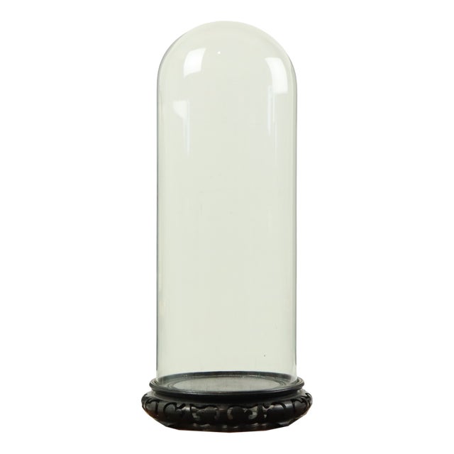 Large Antique Mouth-Blown Glass Dome on Asian Wooden Base, 1890s For Sale