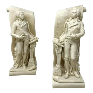 Pair Vintage Musical Figural Sculptors Male Book Ends Wolfgang Amadeus Mozart