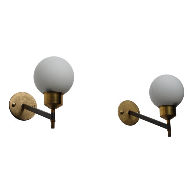 Italian Wall Sconces in Brass, Black Steel and Opaline Glass, 1950s, Set of 2 For Sale
