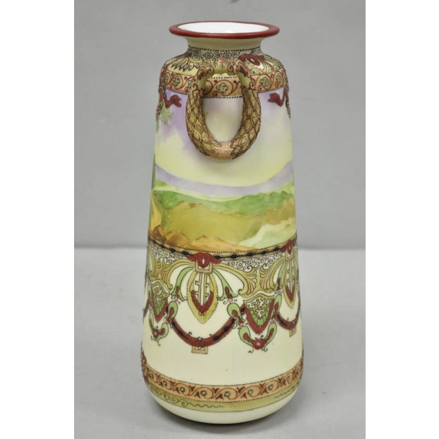 Antique Nippon Hand Painted Porcelain Countryside Moriage Tall Twin Handle Vase For Sale - Image 12 of 18