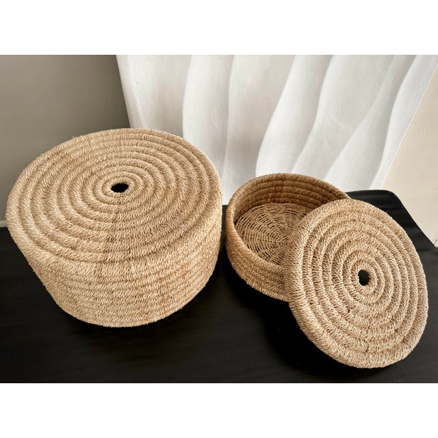 Set of 2 Round Woven Nesting Baskets Yvon Organic Modern Medium and Large Abaca Rope Box Set With Lids by Pigeon & Poodle Line by Made Goods For Sale - Image 12 of 12