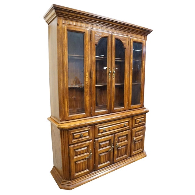 Rustic European High End Vintage Solid Oak Rustic European 62" Buffet W. Lighted Display China Cabinet 7080-67 / 7080-68 For Sale - Image 3 of 14