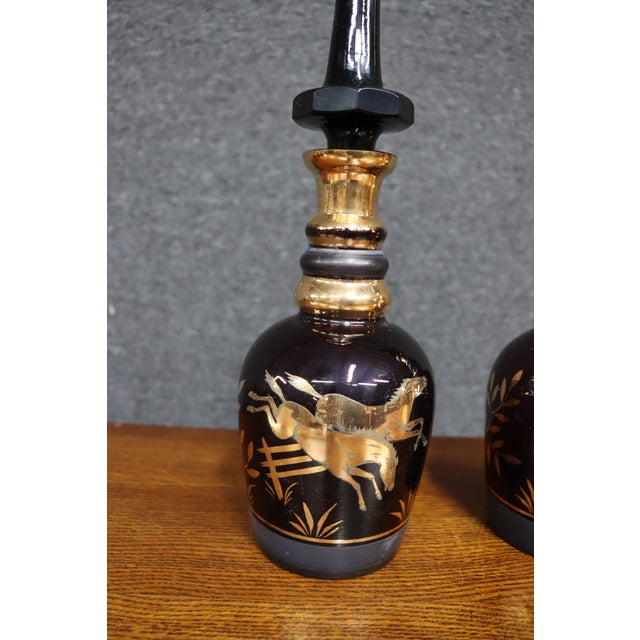 Purple Early 20th Century Royal Purple Art Glass Decanters With Gold Horse Overlay - Pair For Sale - Image 8 of 14