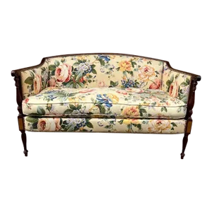 Late 20th Century Vintage Hickory Chair Sheraton Style Mahogany Banded Floral Loveseat