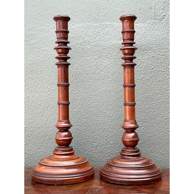 Brown Vintage Turned Wood Candlesticks - A Pair For Sale - Image 8 of 12