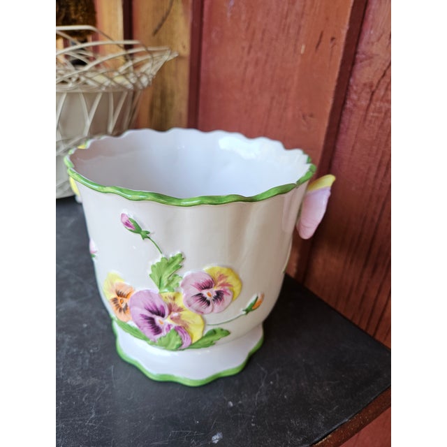 Charming 80s Italian Ceramic Cache Pot With Pansy Handles and Decoration For Sale In Philadelphia - Image 6 of 6
