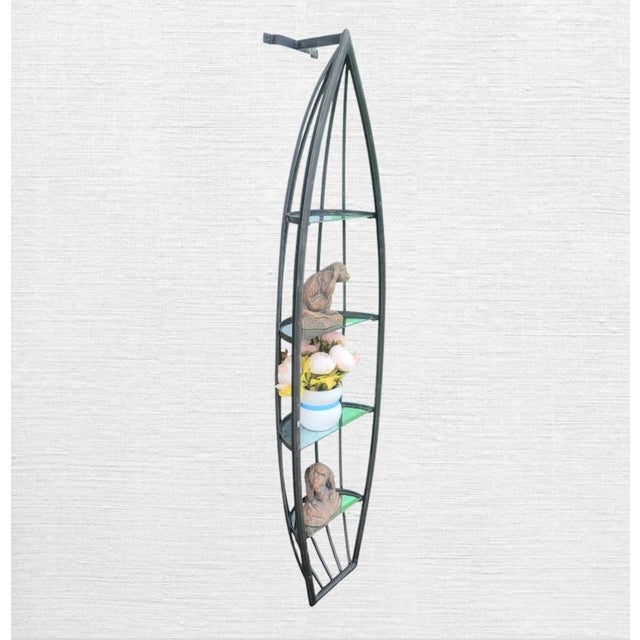1990s Black Steel Iron Tall Canoe Shaped Antique Mirrored 4 Shelf Wall Shelving Unit Display Case For Sale - Image 5 of 8