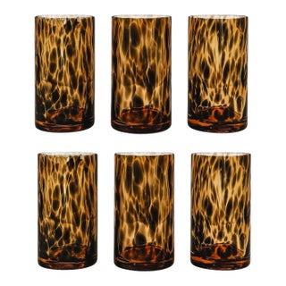 Italian Tortoise Shell Print Amber Brown Highball Glasses - Set of 6 For Sale