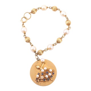 14k Yellow Gold, Pearl & Sapphire Charm Bracelet For Sale