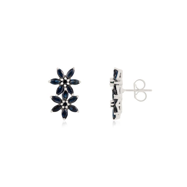 Mid-Century Modern A Pair of Vintage-Inspired Solid Silver Blue Sapphire Floral Stud Earrings For Sale - Image 3 of 10
