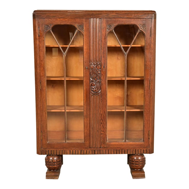 Antique English Art Deco Carved Oak Bookcase or Display Cabinet, Circa 1930s For Sale