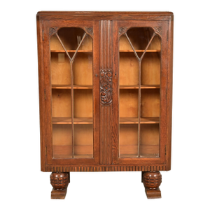 Antique English Art Deco Carved Oak Bookcase or Display Cabinet, Circa 1930s