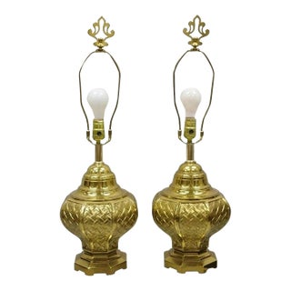 Vintage Hollywood Regency Brass Woven Basket Basketweave Table Lamps - A Pair For Sale