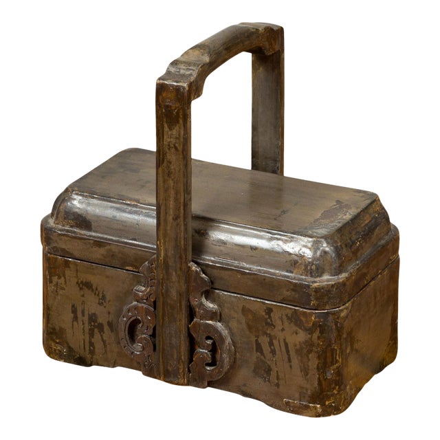 Chinese Antique Silver Colored Lidded Basket with Volutes and Distressed Finish For Sale