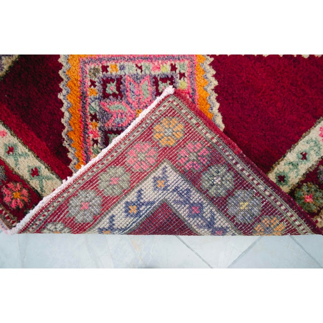 1960s Turkish Hand-Knotted Runner Rug Kitchen Hallway Decor Red & Pink 3x13 Ft Approx For Sale - Image 14 of 16