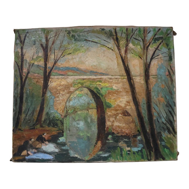 Mid-20th Century French Forest Bridge Painting For Sale