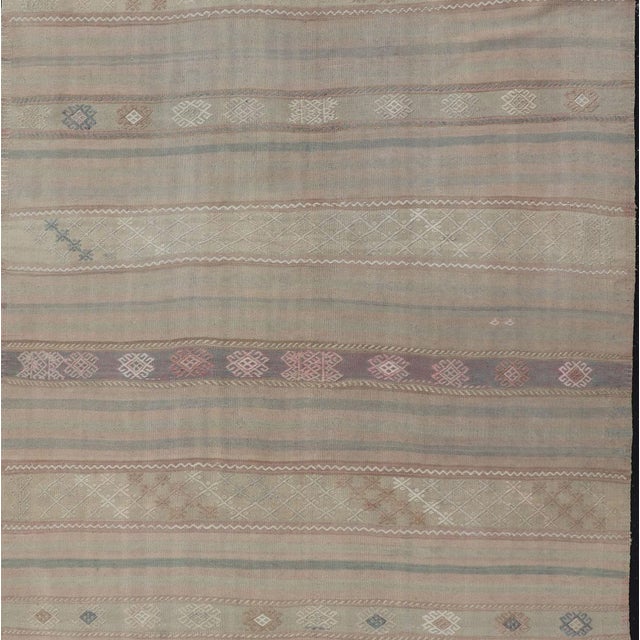 Flat-Weave Turkish Kilim With Embroideries in Earthy Tones and Hints of Pink 5'8" X 10'8" For Sale - Image 9 of 12
