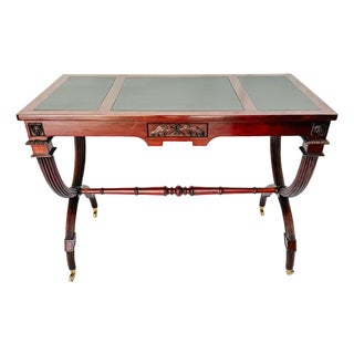 English Regency Mahogany X-Frame Writing Desk With Brass Casters & Leather Top For Sale