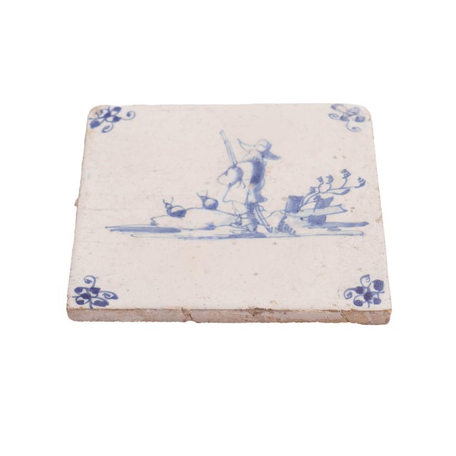 Set of 6 Delft Cobalt Blue Figural Faience Tiles, C. 1650 For Sale In Chicago - Image 6 of 18