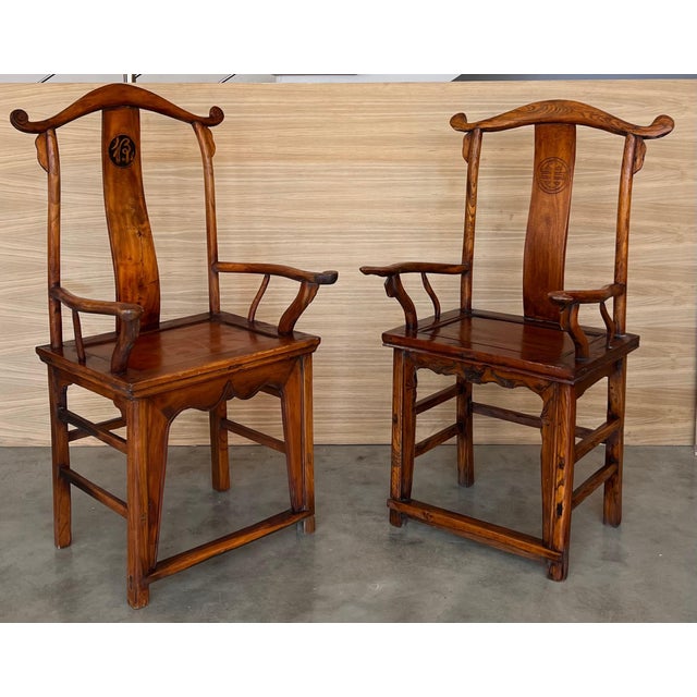 Early 20th Century Pair of Chinese Ming Style Carved Wood High Back Throne Armchairs For Sale - Image 18 of 18