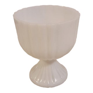 Vintage Milk Glass Pedestal Compote – Ribbed, Scalloped Rim For Sale