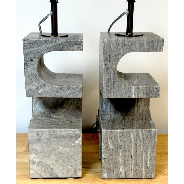 White 1980s Italian Sculptural Gray Marble Architectural Table Lamps - a Pair For Sale - Image 8 of 16