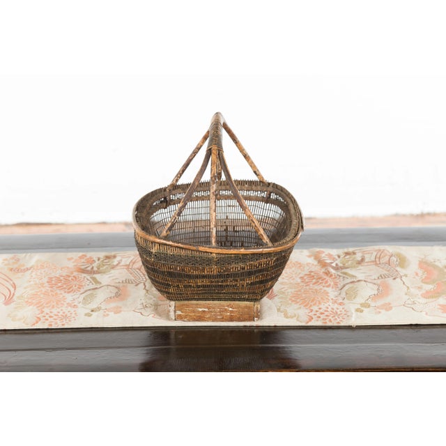 Brown Chinese Rustic Vintage Woven Rattan Market Basket with Large Handle and Base For Sale - Image 8 of 11