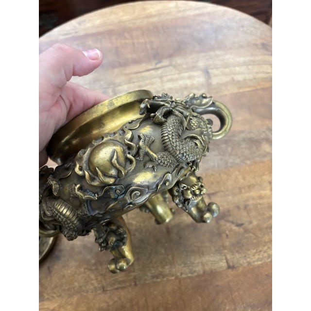 Ornate Mid 20th Century Cast Brass Chinese Incense Burner Censer With Dragons and Fu Dogs and Green Stone Finial For Sale - Image 12 of 12