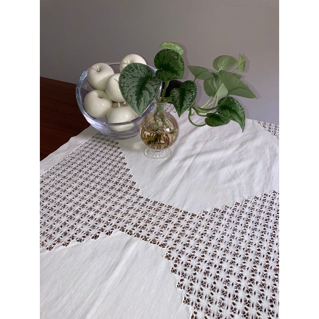 Vintage Cutout Detailed Linen Tablecloth For Sale - Image 4 of 6