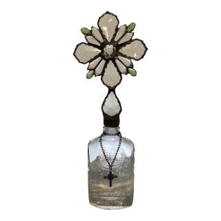 Handmade Crystal Cross Assemblage Sculpture on Embossed Clear Glass Flask For Sale