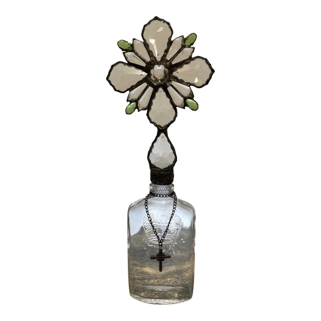 Handmade Crystal Cross Assemblage Sculpture on Embossed Clear Glass Flask For Sale