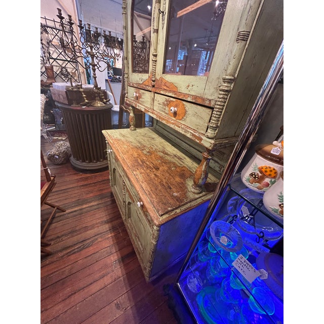 Antique Country Celadon Green Painted Distressed Stepback Cupboard Cabinet For Sale - Image 17 of 18