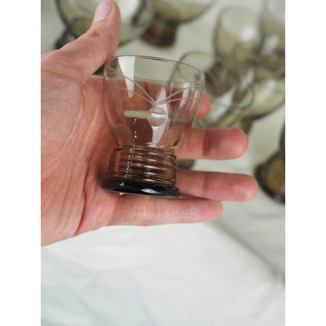 1970s French Smoked Blown Engraved Glasses- Set of 17 For Sale - Image 11 of 13