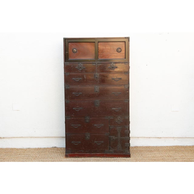 Red Antique Painted Japanese Chest on Chest Tansu For Sale - Image 8 of 13