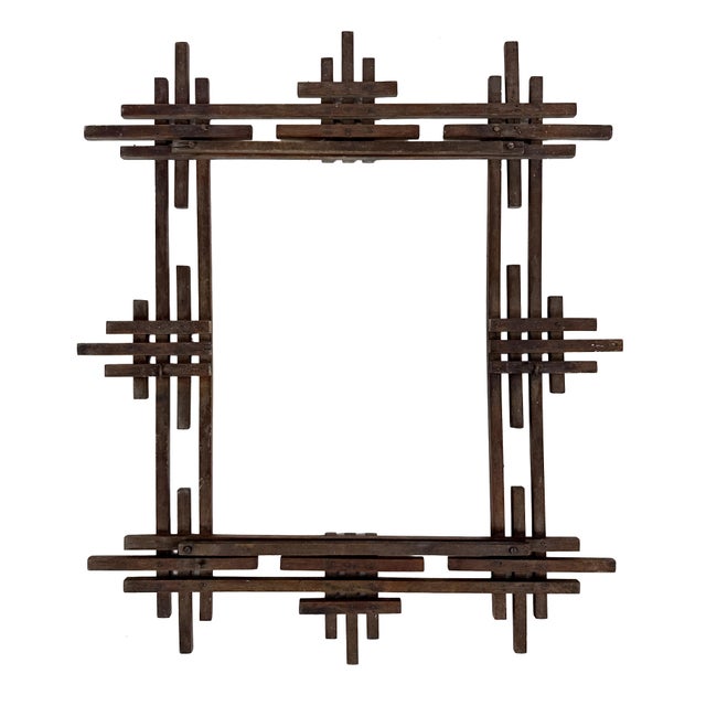 Antique 1900s Large Geometric Decorated Folk Art Wood Picture Frame - Adirondack Eastlake Style W/ Gold Painted Arrow Motif - 24.5" X 23.75" For Sale - Image 14 of 16