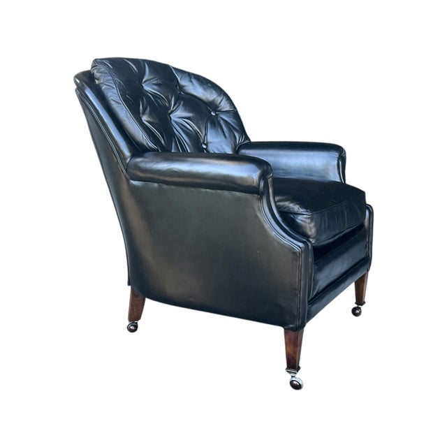 Wood Vintage English Black Leather Club Chair With Tufted Back & Casters For Sale - Image 7 of 12