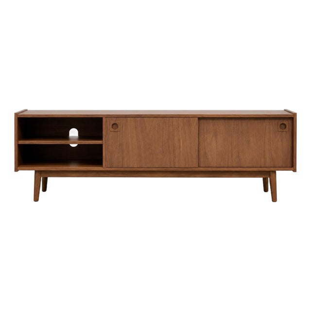 Modern Walnut Credenza / Media Console | Minimalist Sliding Door Sideboard For Sale
