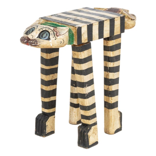 Folk Art Polychromed Double Cat Head Stool For Sale