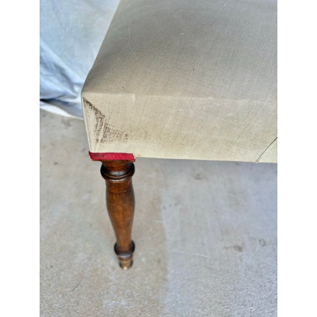 Early 20th Century French Walnut and Antique Linen Upholstered Bench For Sale - Image 6 of 12