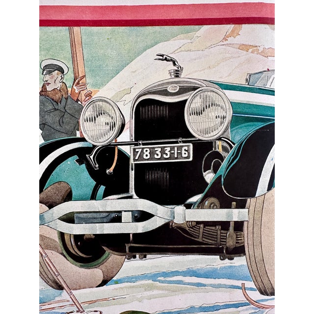 Rene Vincent 1928 Authentic French Vintage Lincoln Classic Car Advertisement, Not Matted: Double-Page Winter Ski Illustration For Sale - Image 4 of 5