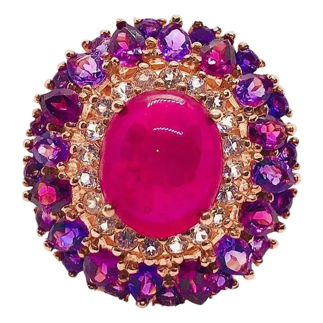 Bochic “Capri” Vintage Ruby, White Topaz & Amehtyst Ring — 18K Gold & Silver For Sale