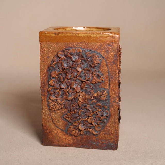Late 20th Century Handcrafted Studio Ceramic Stoneware Vase With Rust-Glazed Finish and Detailed Floral Motifs For Sale - Image 4 of 12