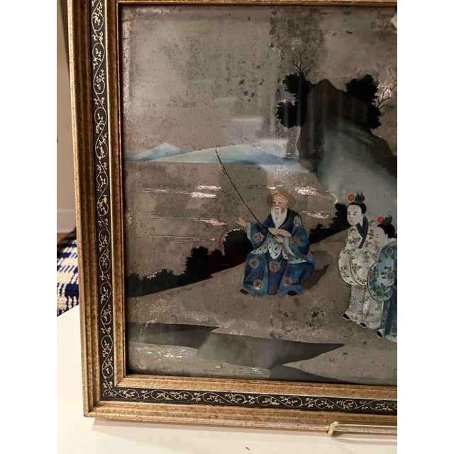 Fine 18th century Chinese reverse painting on glass. Figures in a landscape. Later frame. Perfect condition.