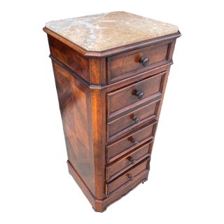 19th Century French Walnut Marquetry Nightstand With Marble Top and Original Casters For Sale