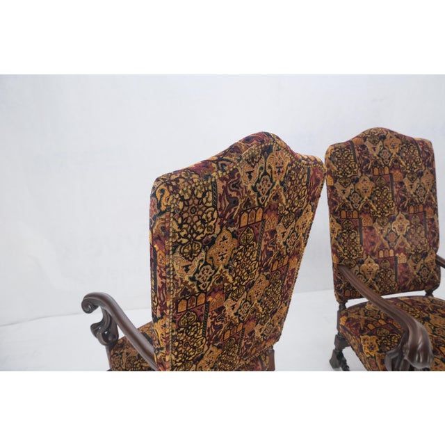Pair Gothic Oversized Heavily Carved Walnut Arm Chairs Tall Back Thrones MINT! For Sale - Image 9 of 13